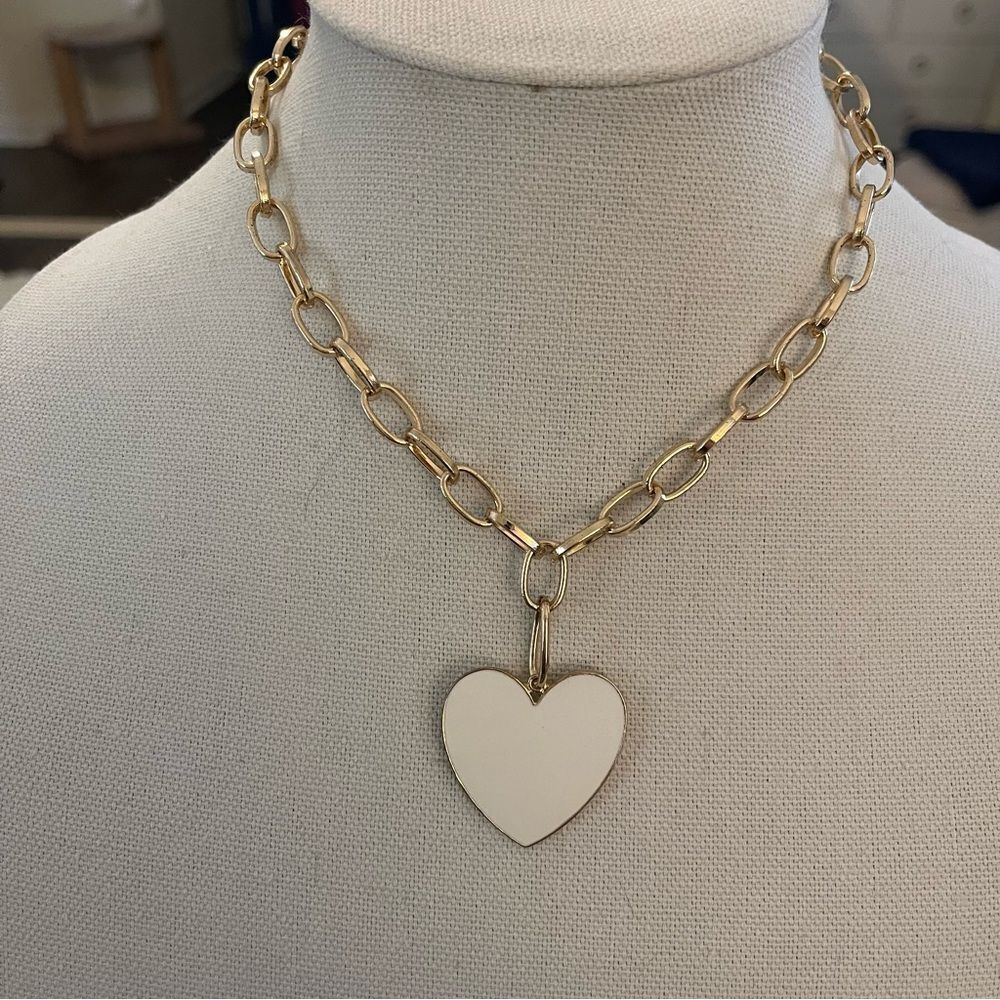 Unknown Brand White Enamel Heart Charm Necklace, Gold, 15.5-18.5” length